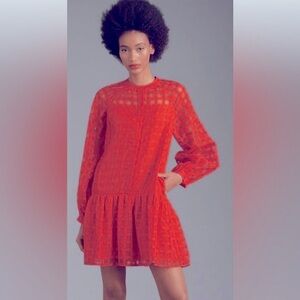 Anthropologie Mini Dress Red Sheer Long-Sleeve   - English Factory Size S NWT